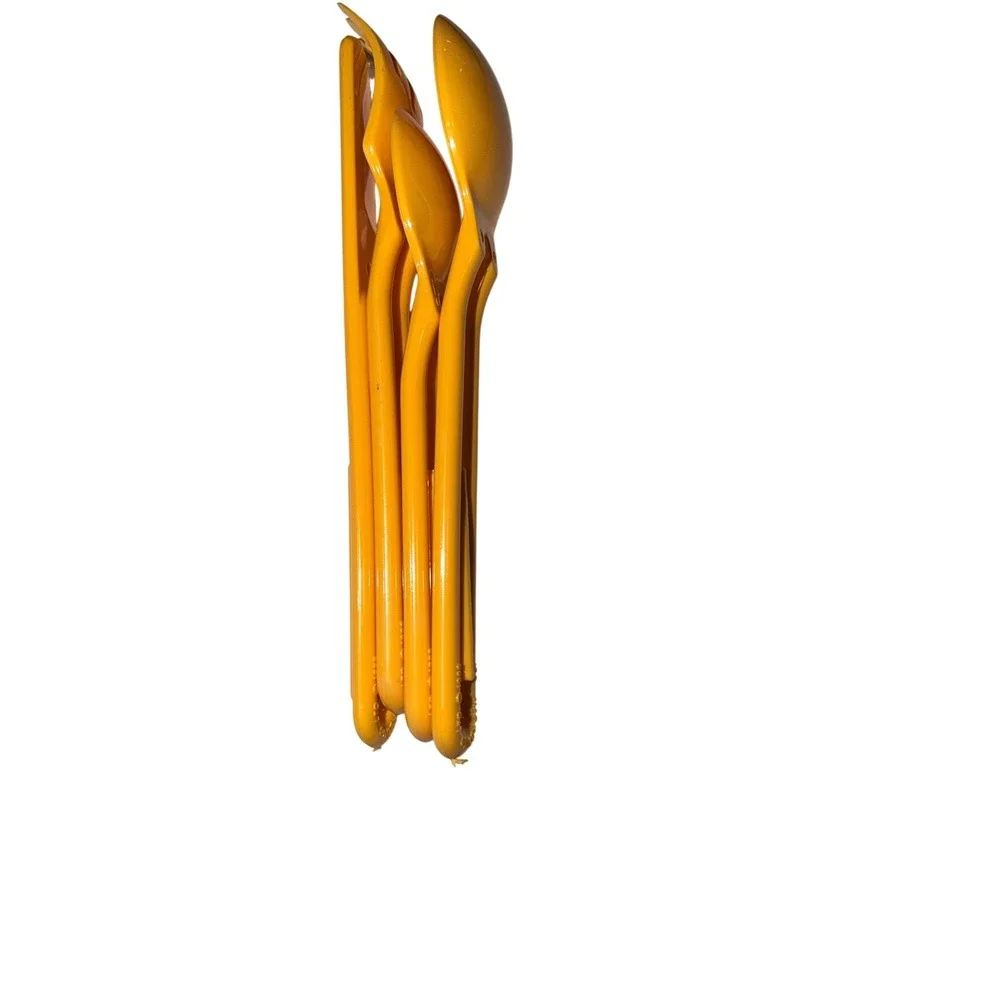 2 Vintage 1986 IDC Marketing Yellow Plastic Nesting Camping Flatware Made in USA